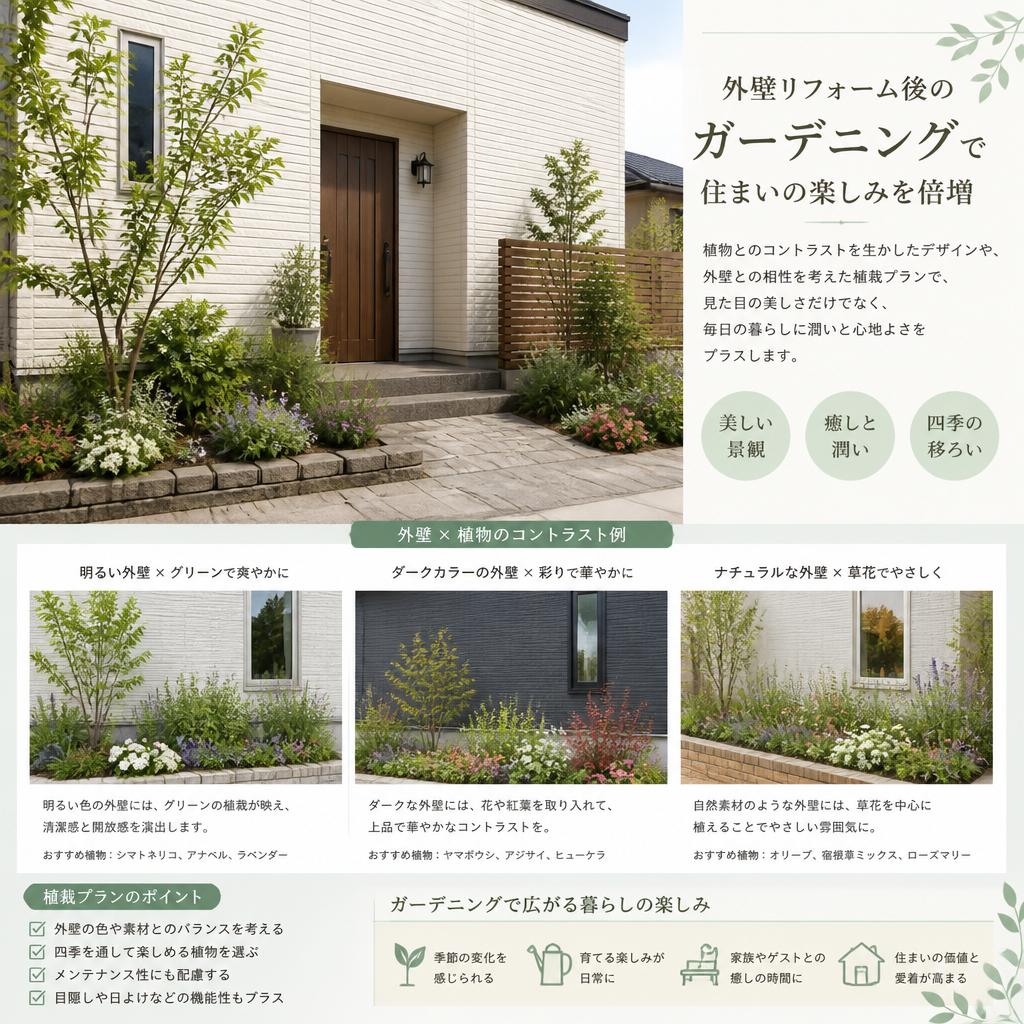 緑豊かなガーデニングと外壁のコーディネート